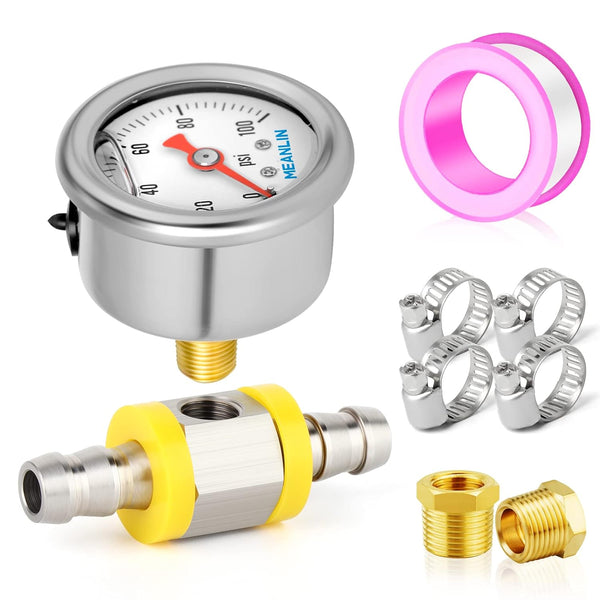 MEANLIN MEASURE 0-100Psi Pressure Gauge: Stainless Steel Glycerin Filled with 1/8" NPT 1.5" Face Dial, 9 Pieces Kit