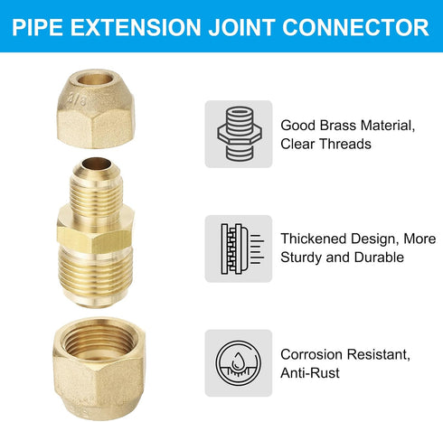 PATIKIL 3/8" to 5/8" Pipe Extension Joint Connector, 2pcs Brass Coupler Adapters with 4pcs Flare Nuts for Refrigeration