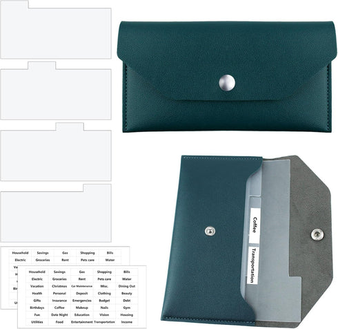 Cash Envelope Wallet, Dark Blue PU Leather with 4 PCS Cash Dividers and 2 Sheets Cash Envelope Tab Stickers
