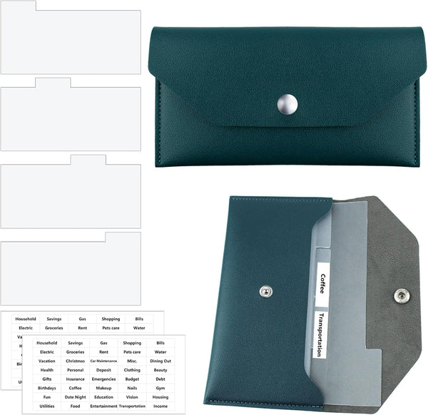 Cash Envelope Wallet, Dark Blue PU Leather with 4 PCS Cash Dividers and 2 Sheets Cash Envelope Tab Stickers