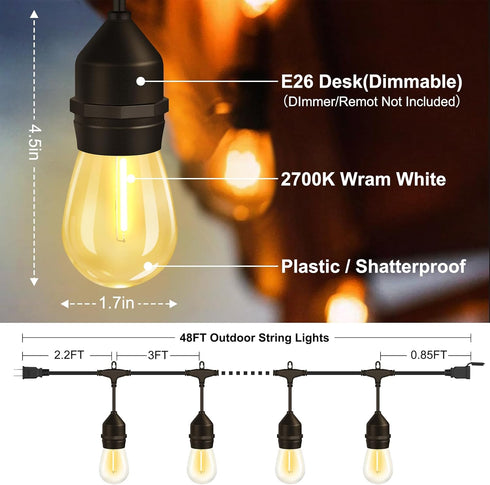 50FT 15+2 Bulbs, IP65 Commercial 2700K Dimmable LED Outdoor String Lights with Shatterproof Waterproof, Grade Patio