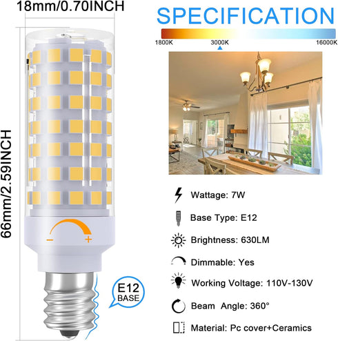 E12 Bulb Dimmable 7W 60W Bulb, 3000K T6 C7 E12 Bulb 60 AC120V Kx-2000 Bulbrite (6 Pack) LED Equivalent to Halogen Warm