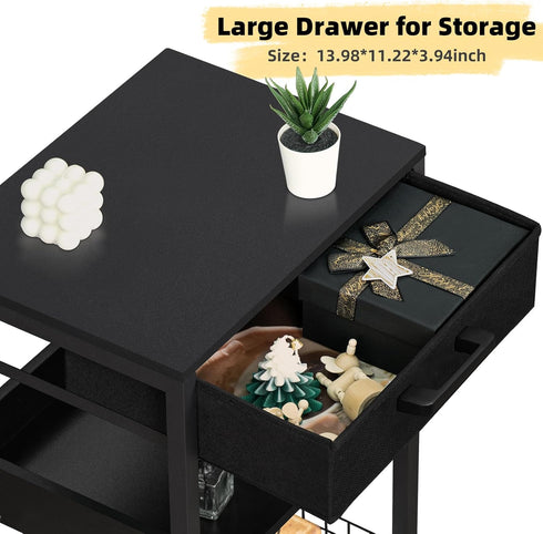 Lerliuo Pure Black Printer Table - 3 Tier Industrial Wood Stand with Fabric Drawer, Modern Tall End Table