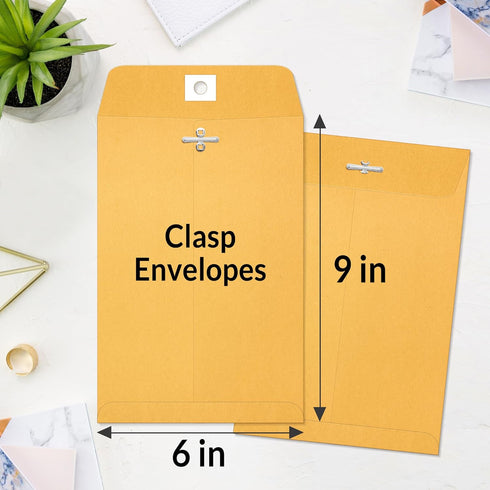 SUNEE 6x9 Clasp Envelopes 100 Count - 6x9 Inch Brown Kraft Envelopes with Clasp Closure for Home, Office, Business,
