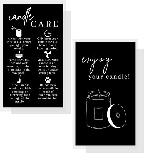 Handmade Candle Care Instruction Card - 50 Pack for Candle Makers, Black with White, 3.5 x 2 inches
