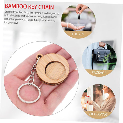 4pcs TEHAUX Bamboo Keychain Shopping Trolley Tokens Lightweight Wooden Keyring for Shopping Cart Use