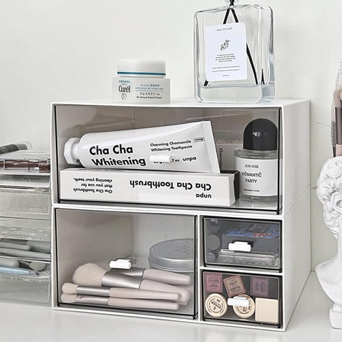 Stackable Desk Organizer with 3 Compartments, Storage Drawers for Makeup, Bathroom Organization, Accessories (White)