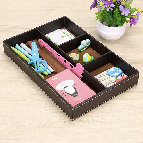 BTSKY 4 Slots Desk Drawer Organizer, PU Leather Divider for Office Desk Supplies, Multi-Purpose Storage Tray (Brown)