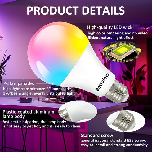 Bestview RGB LED Light Bulb, Color Changing with Remote Control, 5W E27 Screw Base, 4 Pack