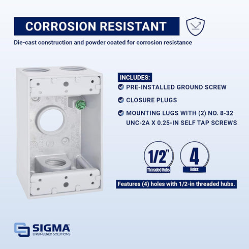 Sigma Electric 14251WH 1/2-Inch 4 Hole 1-Gang Box, White Sigma Engineered Solutions