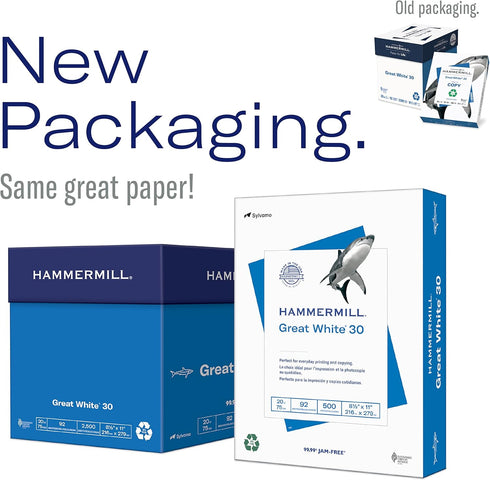 Hammermill Printer Paper, Great White 30% Recycled Paper, 8.5 x 11, 3 Ream (1,500 Sheets), 92 Bright, Made in the USA