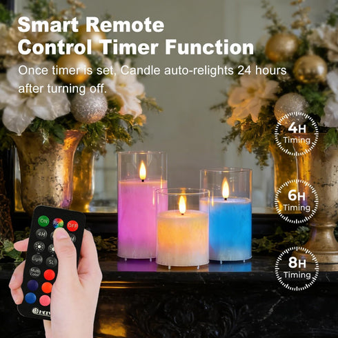Set 3 Rechargeable Ice Crystal Glass Flameless Candles, RGB Color Changing Realistic Flickering Flameless Candles
