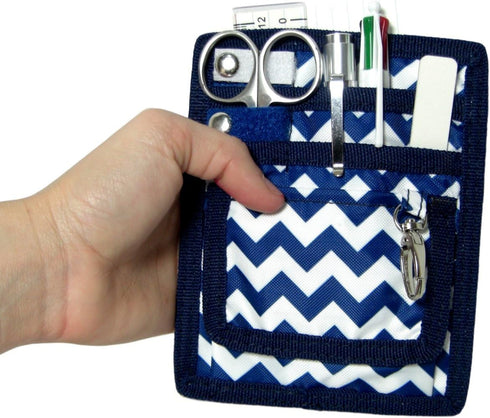6 Piece Protective Lab Coat Pocket Organizer Kit has Fashionable Blue Chevron Pattern. 6 Pockets Packed With Needed Accessories