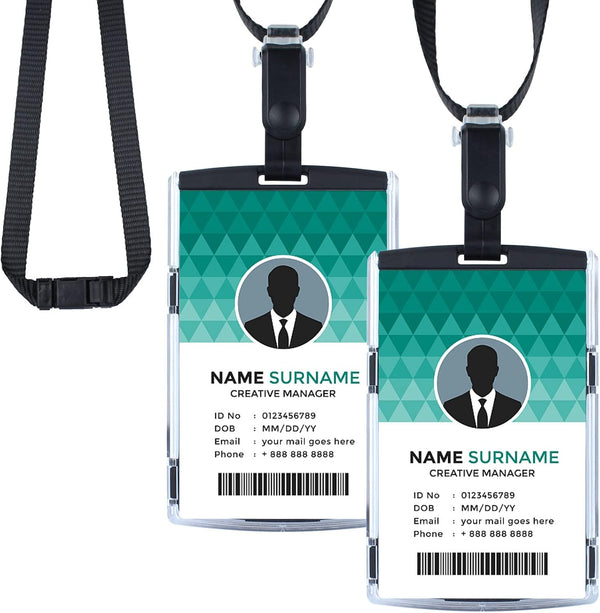 Badge Holder with Adjustable Lanyard, Heavy Duty Hard Plastic ID Card Holder, KMEOSCH 2 Vertical Holders (Black)