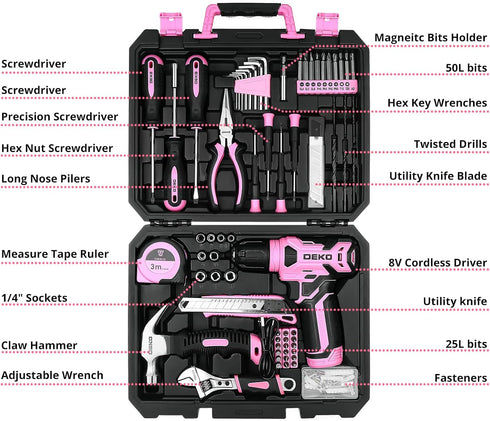 Set, Set 8V 126 DEKOPRO Drill Home Tool with Pink Cordless Drill, Hand Tool Kit for Women, pcs