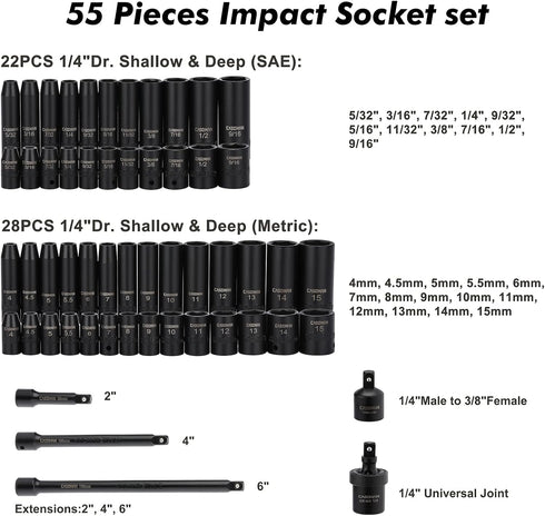 55PCS 1/4-Inch Set, 5/32 Inch 9/16 Inch, 4mm 15mm, 6-Point, Set CASOMAN Drive Impact Socket Shallow & Deep,