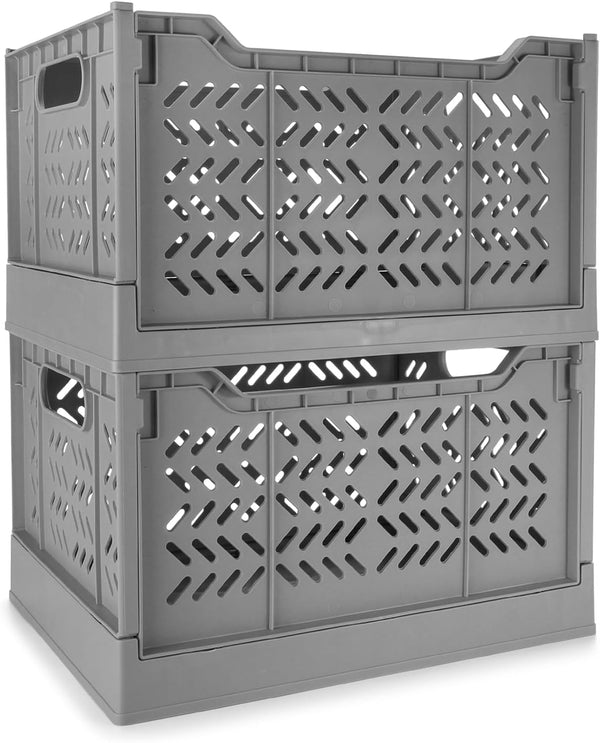 Domiella 2-Pack Stackable Storage Crates - Foldable Plastic Crate for Office Home Kitchen Bedroom Bathroom (Tall, Gray)