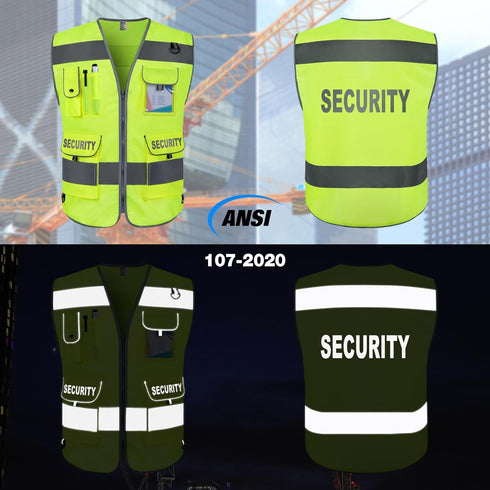 9 (G100S-Yellow, TCCFCCT Security Vest for Security Guard Pockets High Visibility Reflective Safety Vest for Men Women
