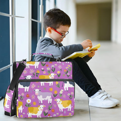 ALAZA 3 500 Ring Zipper Binder Milk Cow Wildflowers Binders Bag with Shoulder Strap Sheets Paper Organizer Trapper