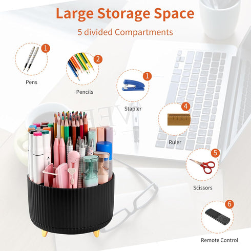 Desk Pencil Pen Holder, 5 Slots 360° Rotating Organizer for Office, School, Home, Art Supplies, Black