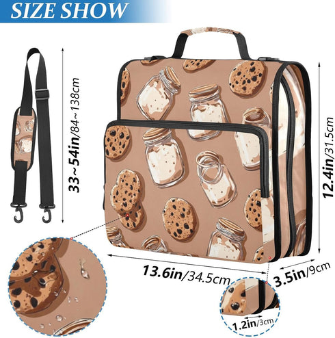 Krafig 3 Cute Cookies Milk Pattern Zipper Binder Bag Ring with Handle Shoulder Strap, Binder File Organizer Bag Storage