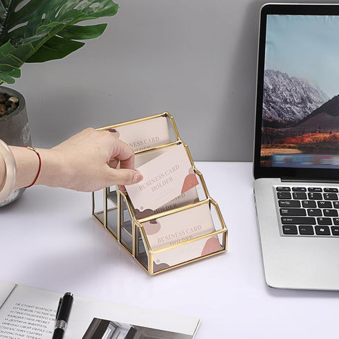 Hipiwe 4 Slots Glass Business Card Holder for Desktop, Gold Mirrored Business Card Display Stand, Multiple Clear