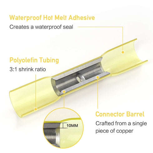 TICONN Yellow 120PCS Heat Shrink Butt Wire Connector Kit, Insulated Waterproof Electrical Wire Crimp