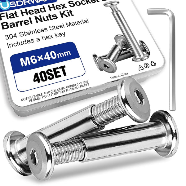 Usdrwam 40 Sets M6 40 mm Barrel Nuts and Bolts, Hex Socket Binding