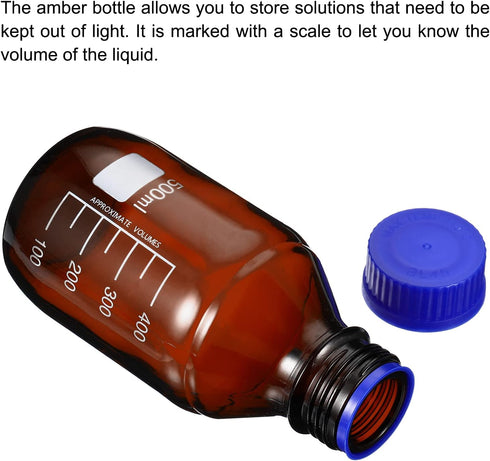 PATIKIL 500mL Reagent Media Bottle, 1Pcs Round Graduated Glass Storage Bottle with Blue Screw Cap, Amber