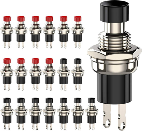 Momentary Push Button Switch, 1A 250VAC SPST Mini Pushbutton Switches, Normal Closed (NC), Black & Red Cap, 20pcs