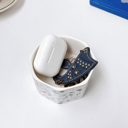 Ceramic Paper Clip Holder, Gold Line Dispenser Organizer for Desk, Cute Terrazzo Marble Pattern, Blue