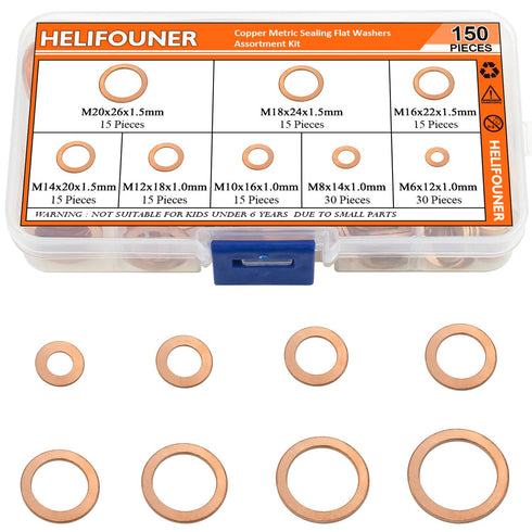 Copper Washers - 150PCS Assortment Kit with 8 Sizes Copper Metric Sealing Flat Washers