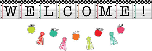 Schoolgirl Style Black, White and Stylish Welcome Bulletin Board Set, Inspirational Pennants, Colorful Tassels, Apple