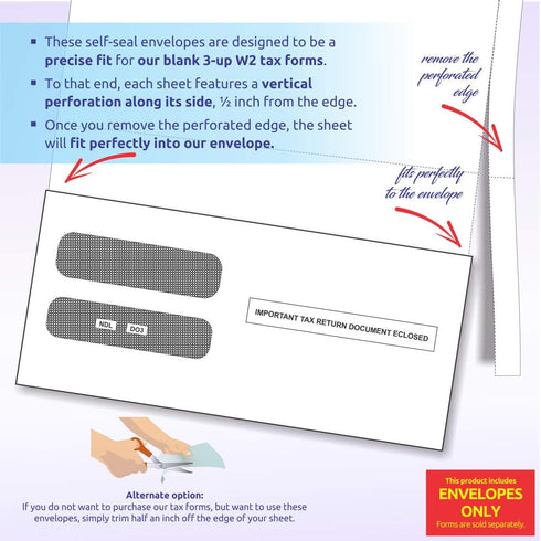 NextDayLabels 100 Self Seal Envelopes for 3-up Laser W-2 Forms, Horizontal Format