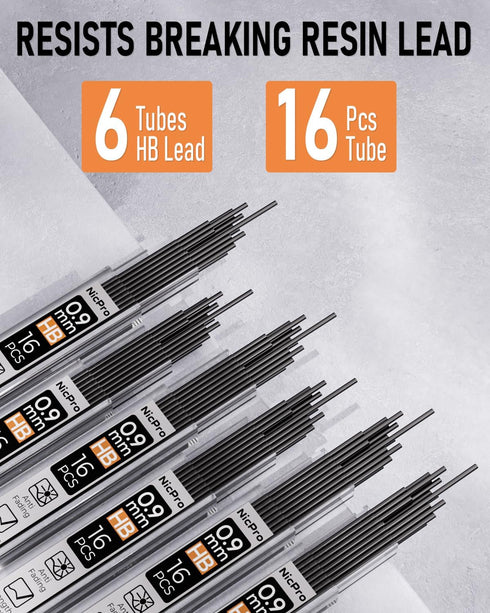 Nicpro 0.9mm Mechanical Pencil Set with Case, 3PCS Metal Pencils, 6 Tubes HB #2 Lead Refill