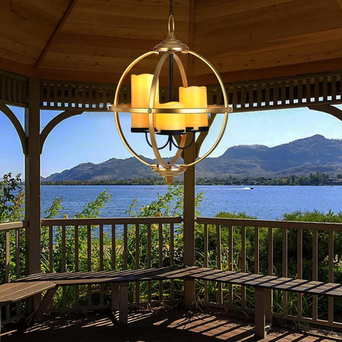 SUNNYPARK 3 12.6" Battery Operated Outdoor Candle Chandelier - Gold and Black Metal Globe Hanging Pendant Light