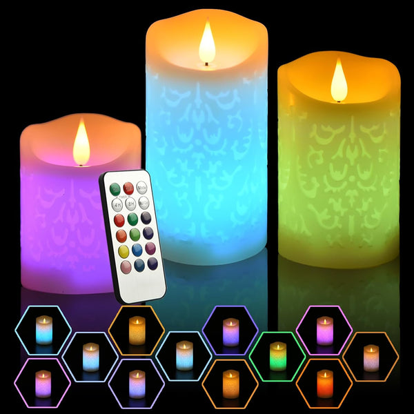 NICEME 3PCS LED Multi Colored Flameless Candles with Remote Control Timer Color