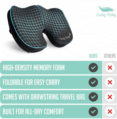 Tailbone Cushy Tushy Premium Foldable Travel Seat Cushion - for Relief of Lower Back, Sciatic, Butt and Pain - for Home