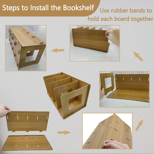 Desktop DIY Storage Bookshelf, Wooden CD Album Rack, 4 Compartments Magazine Holder for Office Study Home