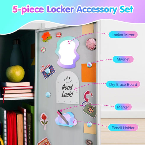 MoKo Locker Accessories Set, 5 in 1 Back to School Supplies, Magnetic Acrylic Board, Locker Mirror, Markers Holder