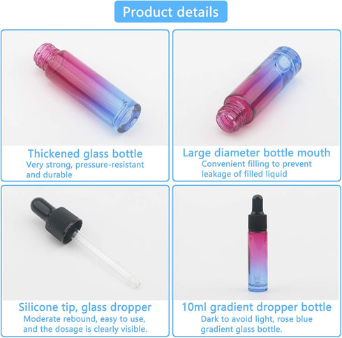 10Pcs Dropper Bottles Set, 10ml Rose Blue Gradient Glass with 5ml Plastic Droppers for Essential Oils