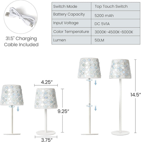 Set 2, 5200mAh 3 Dimming AELS Mosaic Rechargeable Lamps Cordless White Lamps of Handmade Portable LED Touch Table