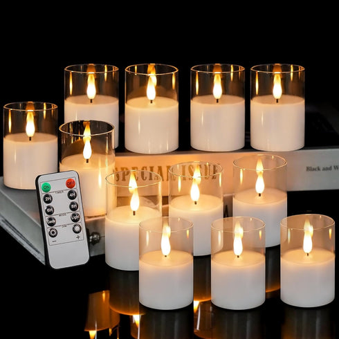 VIODAIM 12Pack Glass Flickering Flameless Candles with Remote, 2"X3" Real Wax Votive