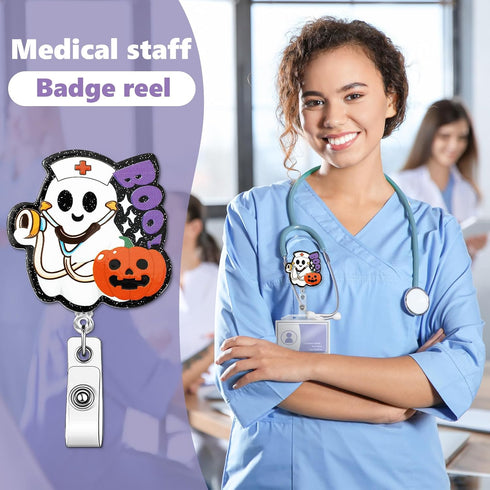 8 JarThenaAMCS Pcs Halloween Badge Reel with Clips Glitter Boo Boo Crew Ghost Nurse Retractable ID Name Badge Holder