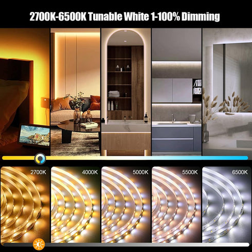 Wefomey 100ft Dimmable 24V 2700K-6500K 1800 (2 50ft) White LED Strip Lights, Bright Led Tape Light with Remote and App
