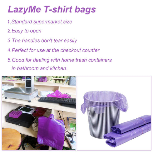LazyMe T Shirt Bags, Plastic Grocery Bags with Handles for Shopping, 12x20 Inch (Purple, 50pcs)