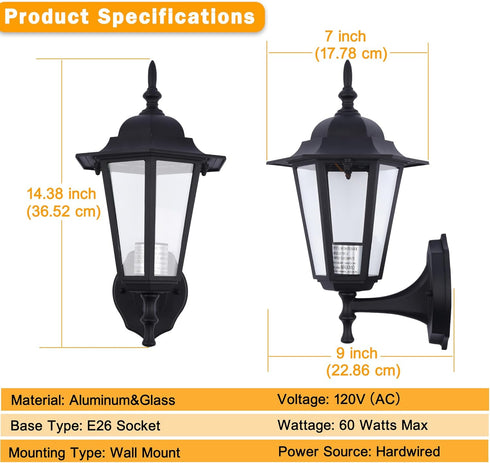 E26 60W Bulbs 2 Pack Outdoor Wall Lantern, Wall Sconce as Porch Lighting Fixture, Base Max, Aluminum Housing Plus