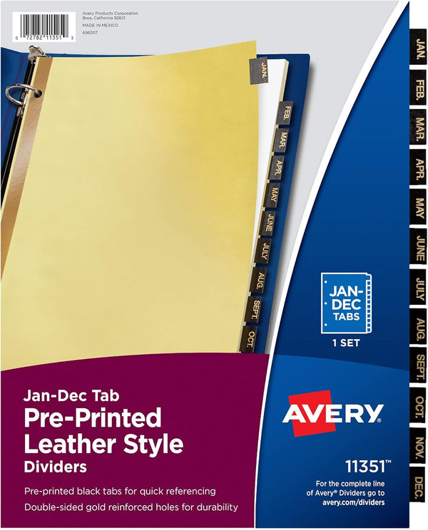Avery Jan-Dec Dividers, 12-Tab Set, Pre-Printed Black Leather Tabs for 3 Ring Binders (11351)