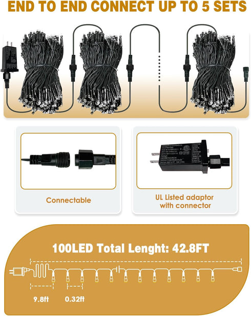 33 100 8 FT LED Christmas String Lights Indoor Outdoor, Memory Function & Timer & Modes, UL Certified, Linkable Green