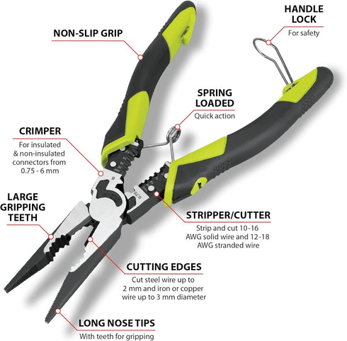 Performance Tool W86507 8-1/2" Multifunction Long Nose Pliers